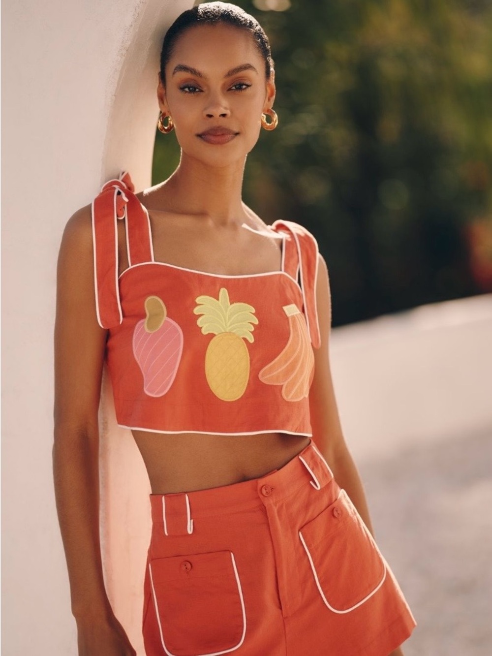 FARM Rio x Anthropologie Fruit Appliqué Tie-Shoulder Crop Top